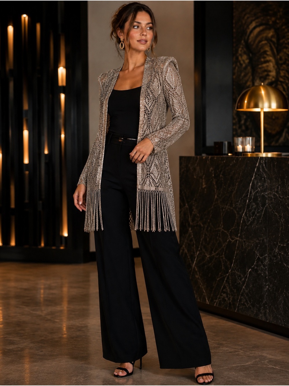 Vintage 90s Helene Blake Metallic Fringe Cardigan Open Knit Glam Shoulder Pads